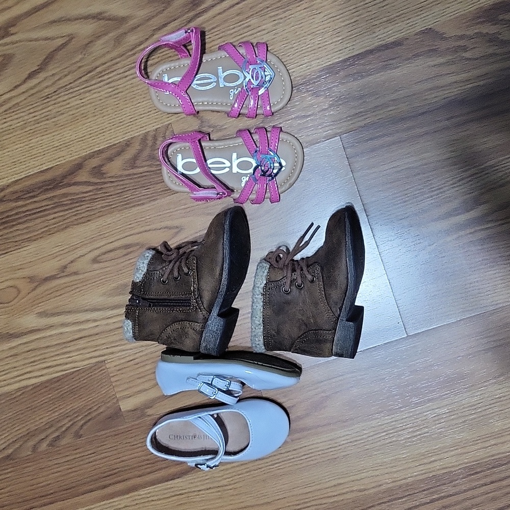 Baby girls 3 pair shoes lot 5 pink bebe sandals white dress brown boots NWOT